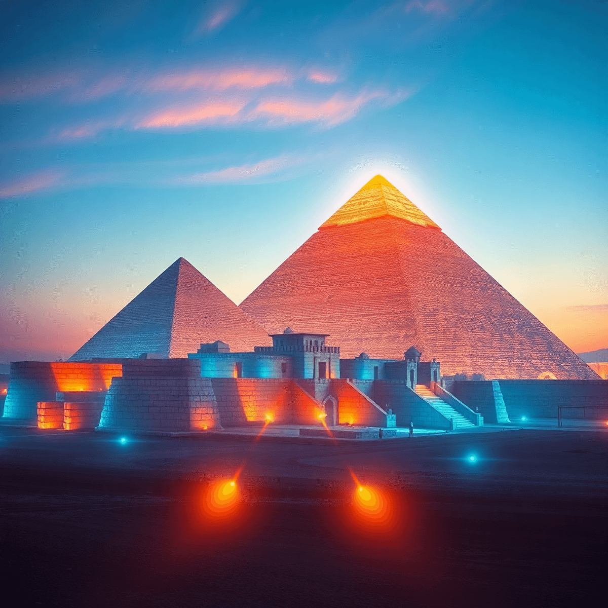 The Great Pyramids of Giza illuminated with glowing 3D virtual reality effects and projection mapping at dusk under a clear sky.