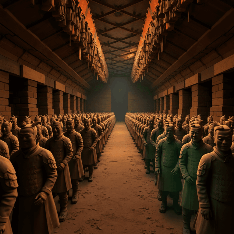 Virtual reality scene of Terracotta Warriors in an ancient mausoleum with glowing highlights on artifacts, evoking exploration and cultural preserv...