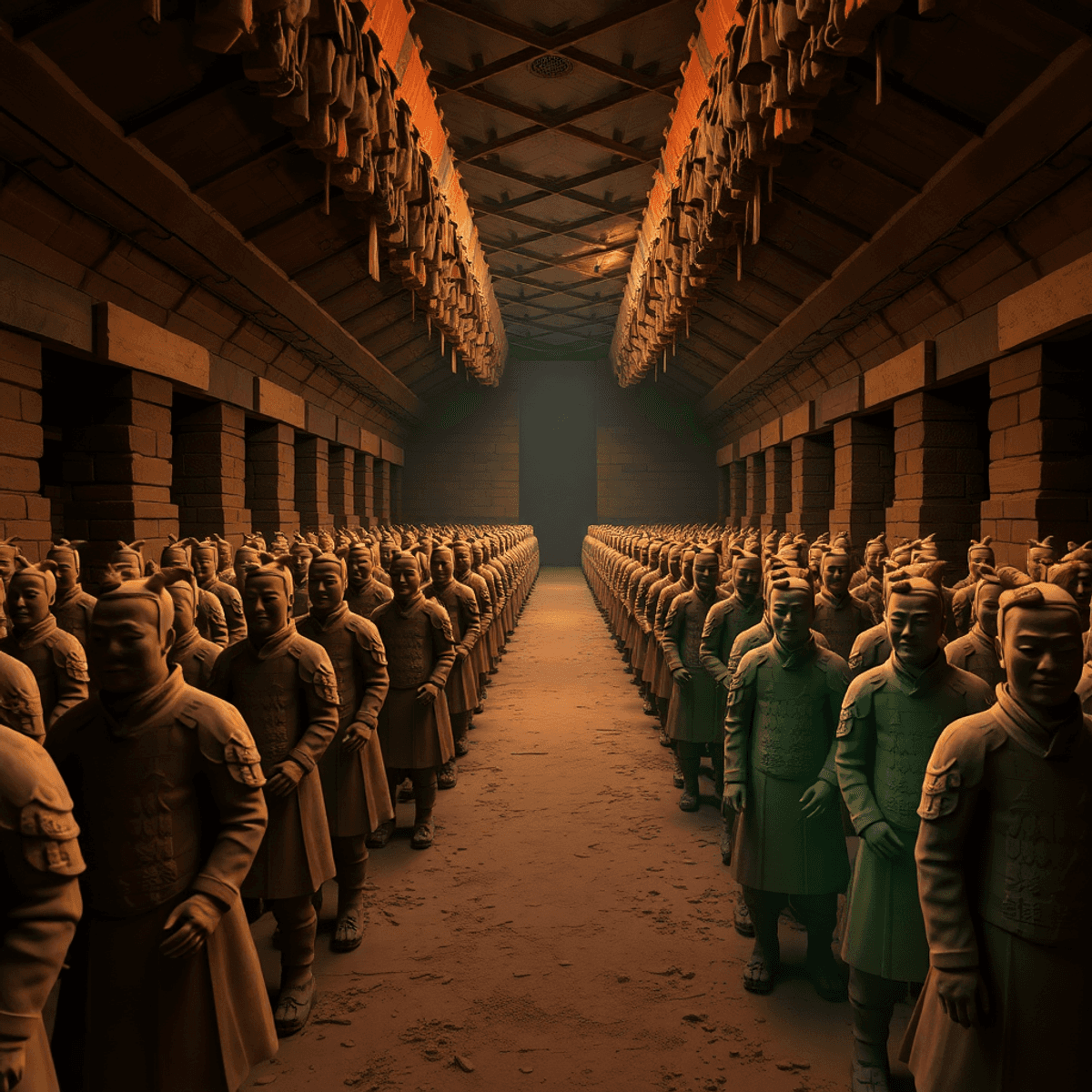 Virtual reality scene of Terracotta Warriors in an ancient mausoleum with glowing highlights on artifacts, evoking exploration and cultural preserv...