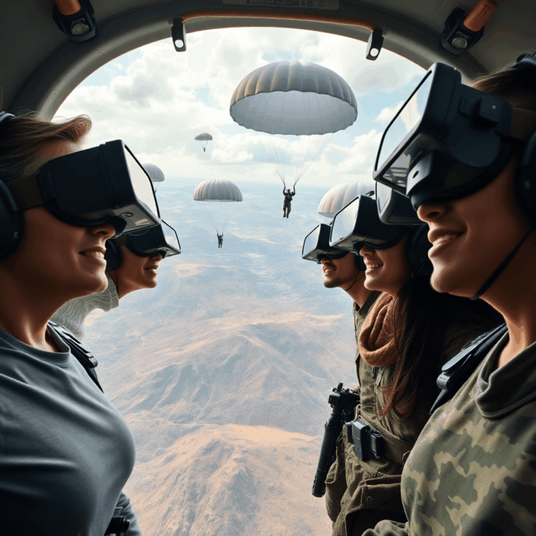 Visitors wearing VR headsets experience an intense airborne military operation with parachutes descending over rugged terrain in a realistic virtua...
