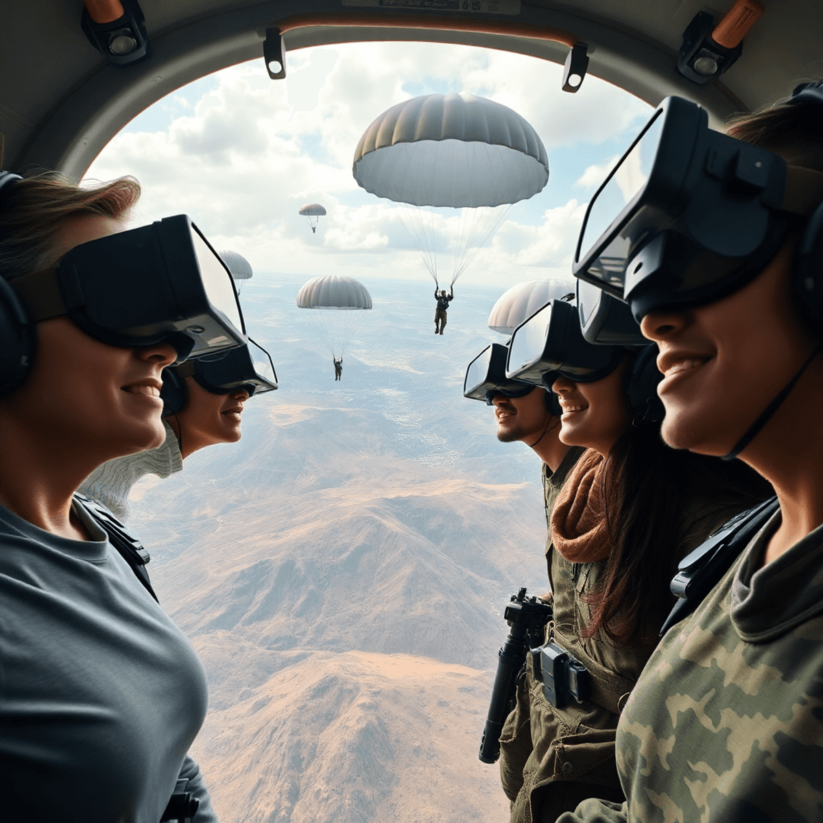 Visitors wearing VR headsets experience an intense airborne military operation with parachutes descending over rugged terrain in a realistic virtua...