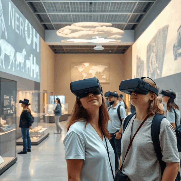 Visitors wearing VR headsets explore a modern museum with holographic artifacts and 3D digital art installations.