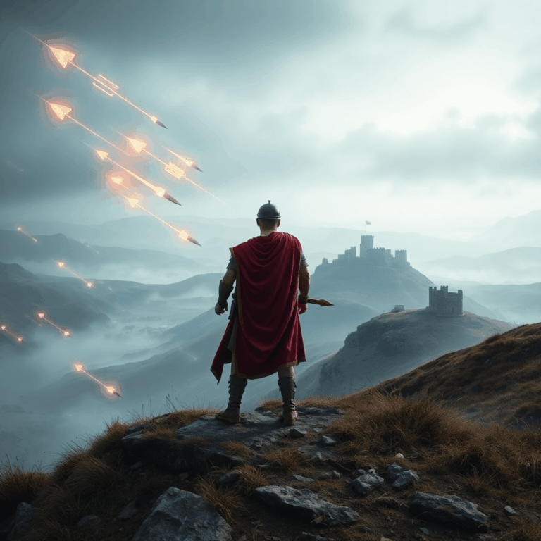 Ancient Roman soldier in armor on hilltop overlooking Iron Age hillfort under siege with glowing arrows amid misty Scottish hills and ancient forti...