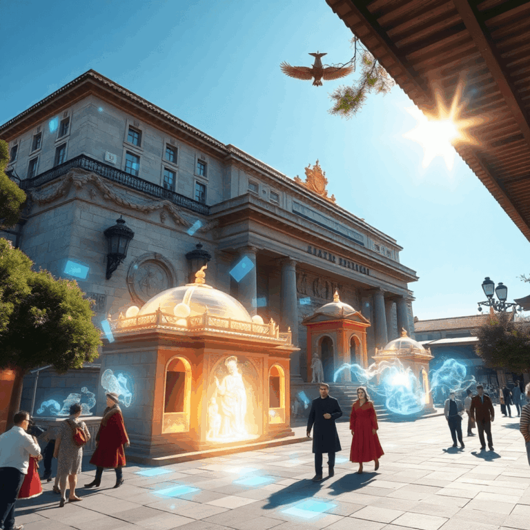 Ancient landmark with glowing digital overlays and 3D reconstructions blended into a bright outdoor modern setting using augmented reality.