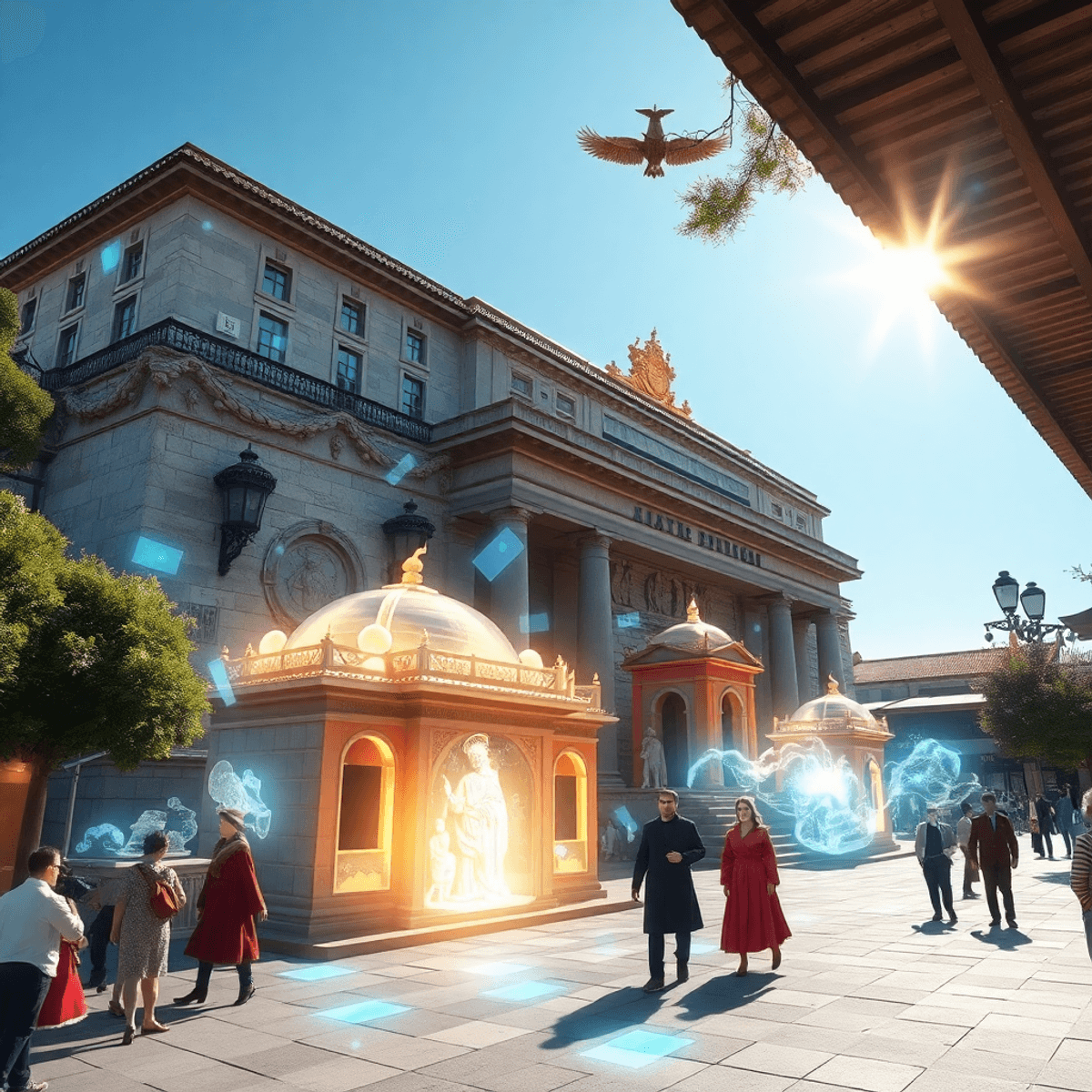 Ancient landmark with glowing digital overlays and 3D reconstructions blended into a bright outdoor modern setting using augmented reality.
