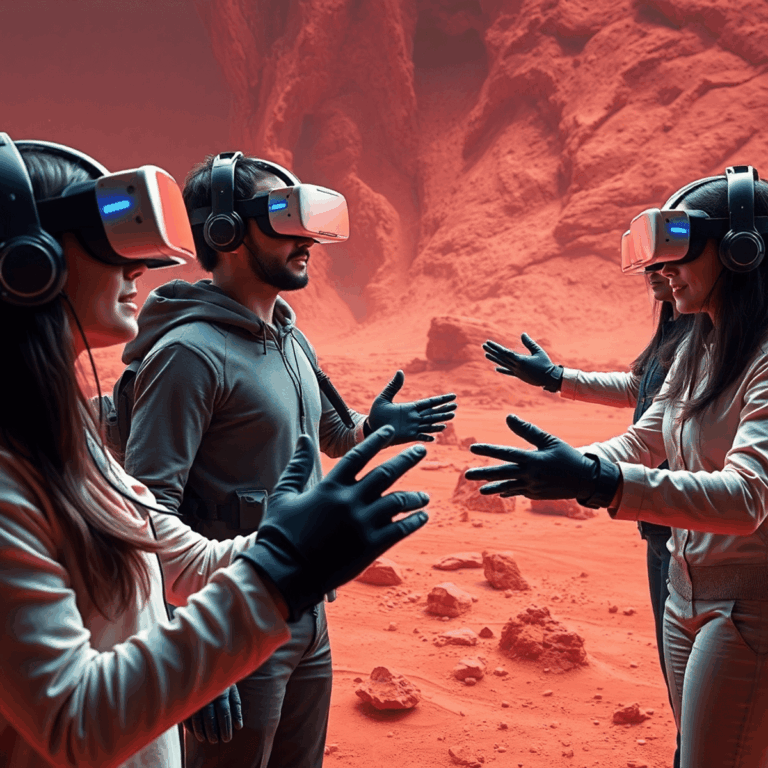 People in VR headsets and haptic gloves interacting with a detailed red Martian landscape, symbolizing immersive exploration and teamwork in a futu...