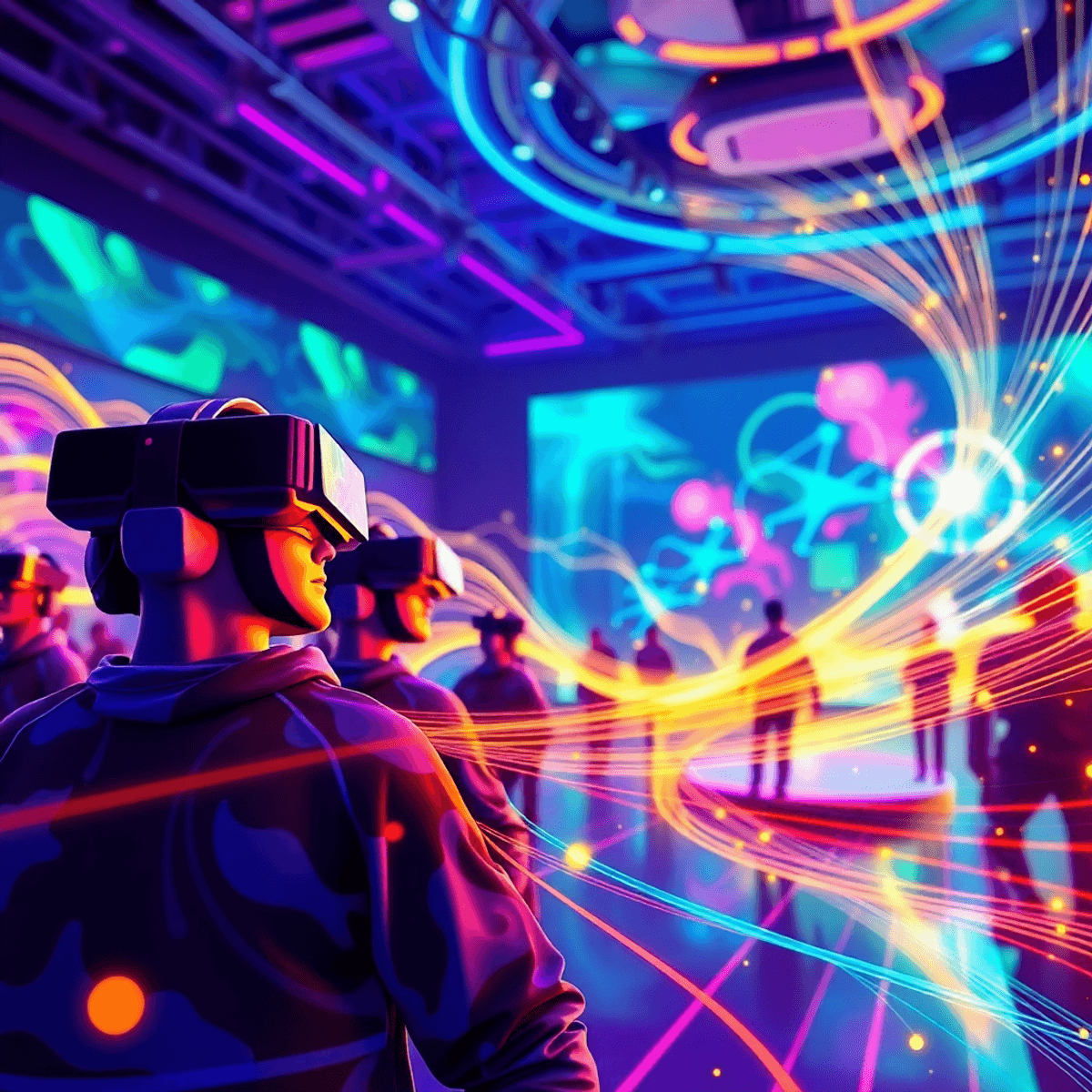 Players in VR headsets immersed in a glowing digital arena with vibrant waves and abstract signals, inspired by colorful Indian motifs.