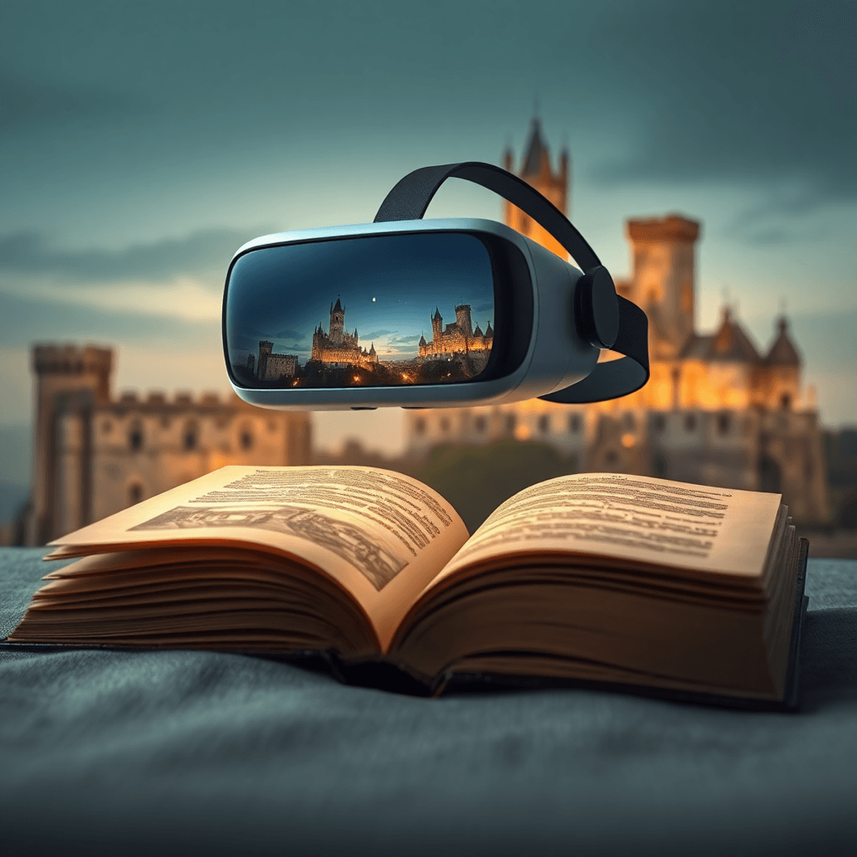 A VR headset floats above an open ancient book with glowing historical scenes, set against the softly lit silhouette of a medieval castle.