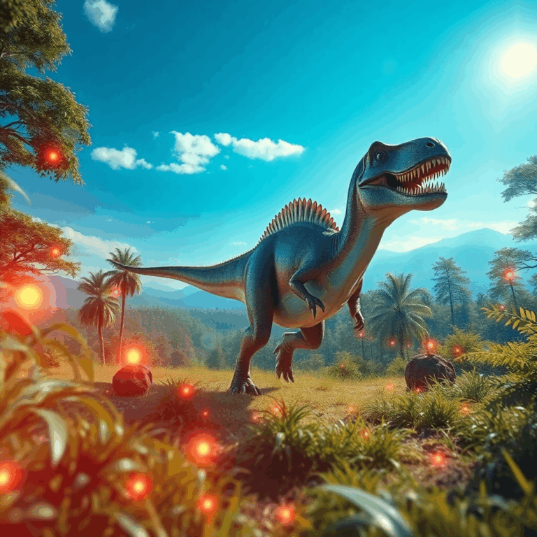 A lifelike dinosaur roams a lush prehistoric landscape with glowing digital elements, dense forests, and distant mountains under a bright sky in a ...
