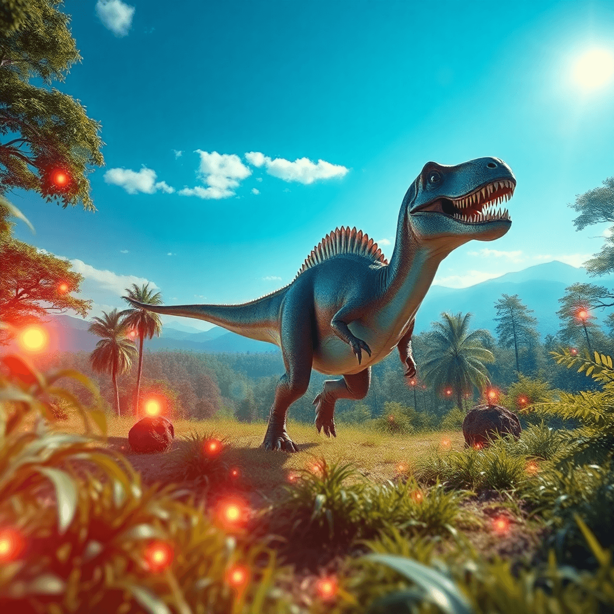 A lifelike dinosaur roams a lush prehistoric landscape with glowing digital elements, dense forests, and distant mountains under a bright sky in a ...