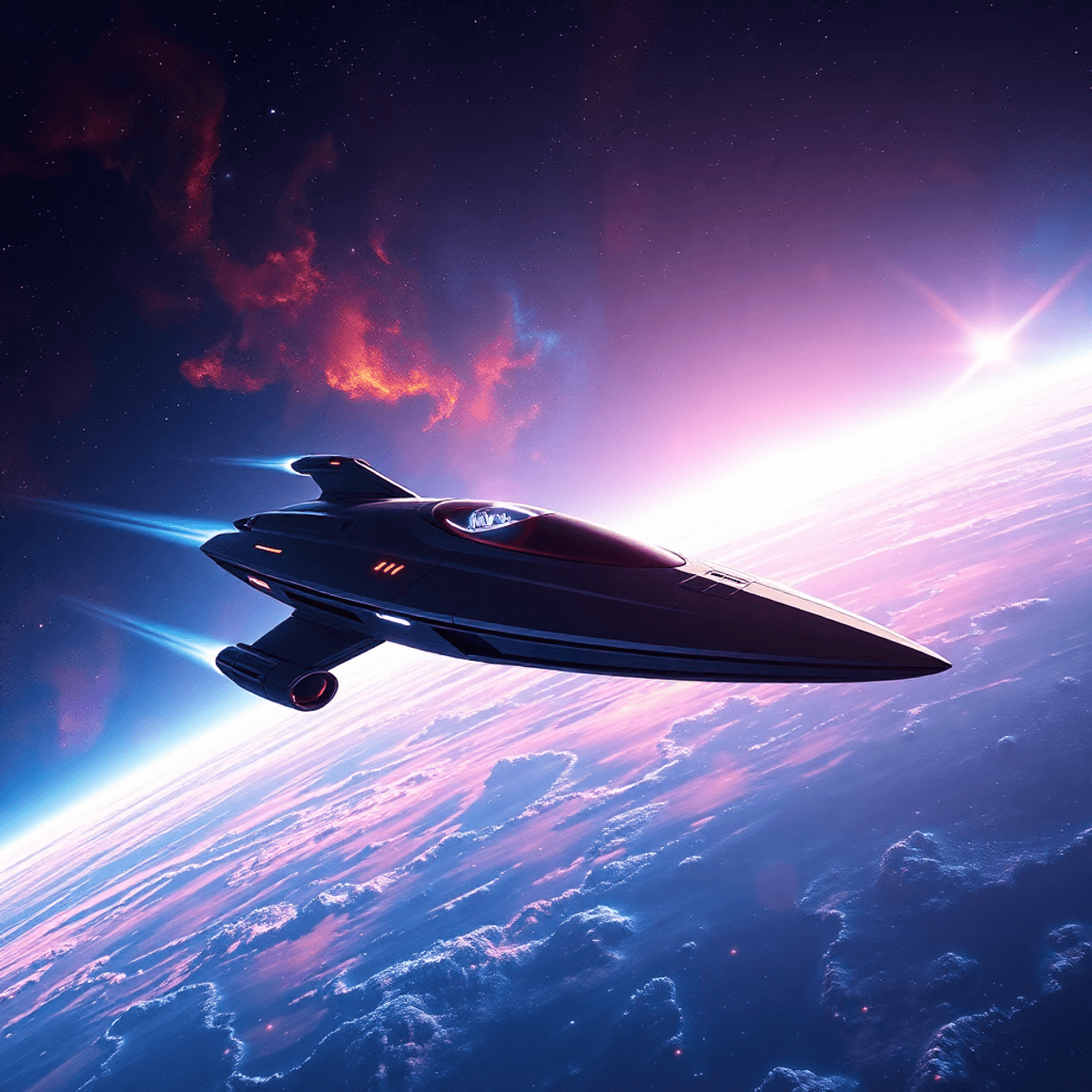 A sleek spaceship glides through a vibrant cosmic landscape with colorful nebulae and distant stars in a futuristic 25th-century space adventure.