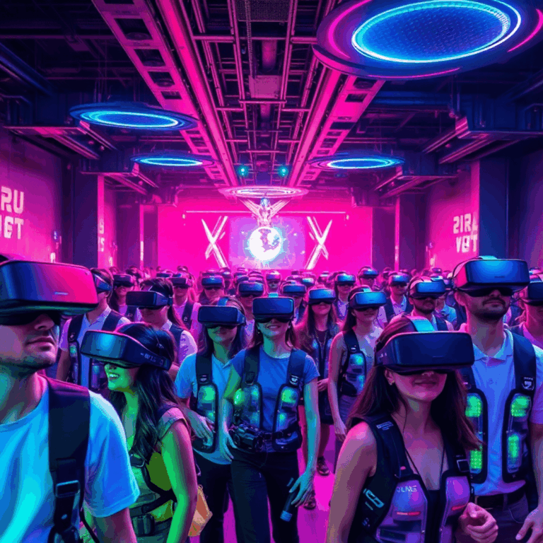 Futuristic VR gaming arena with players wearing headsets and vests, surrounded by neon lights and holographic effects in a dynamic, immersive setting.