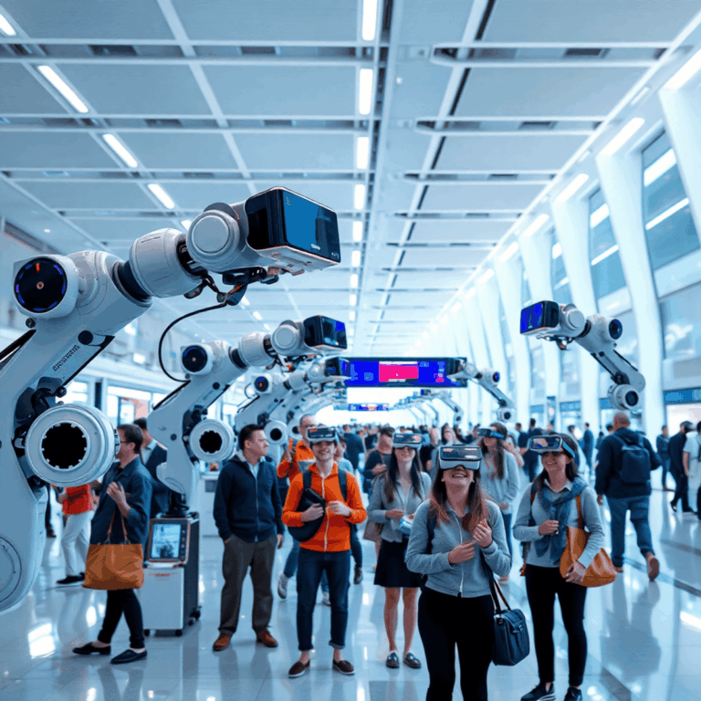 Futuristic airport terminal with sleek robotic arms and travelers using VR headsets,