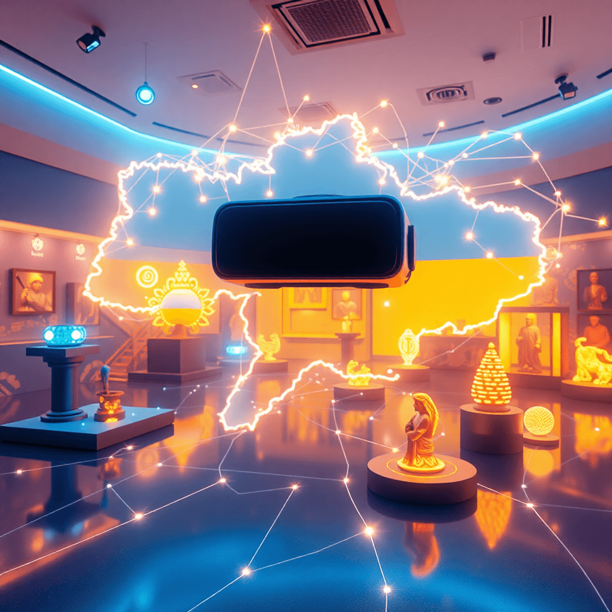 Futuristic museum with glowing holographic artifacts and 3D cultural symbols, set against a digital map of Ukraine with abstract light trails conne...