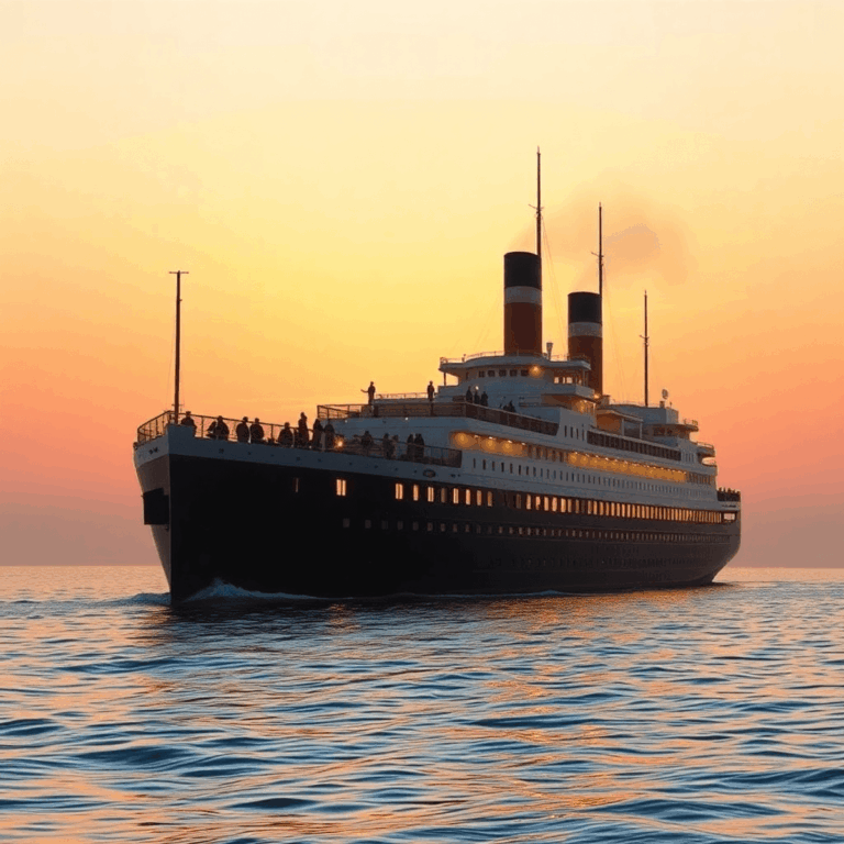 Grand early 20th-century ocean liner sailing at sunset on calm waters, with warm golden light reflecting off decks and smokestacks against a glowin...