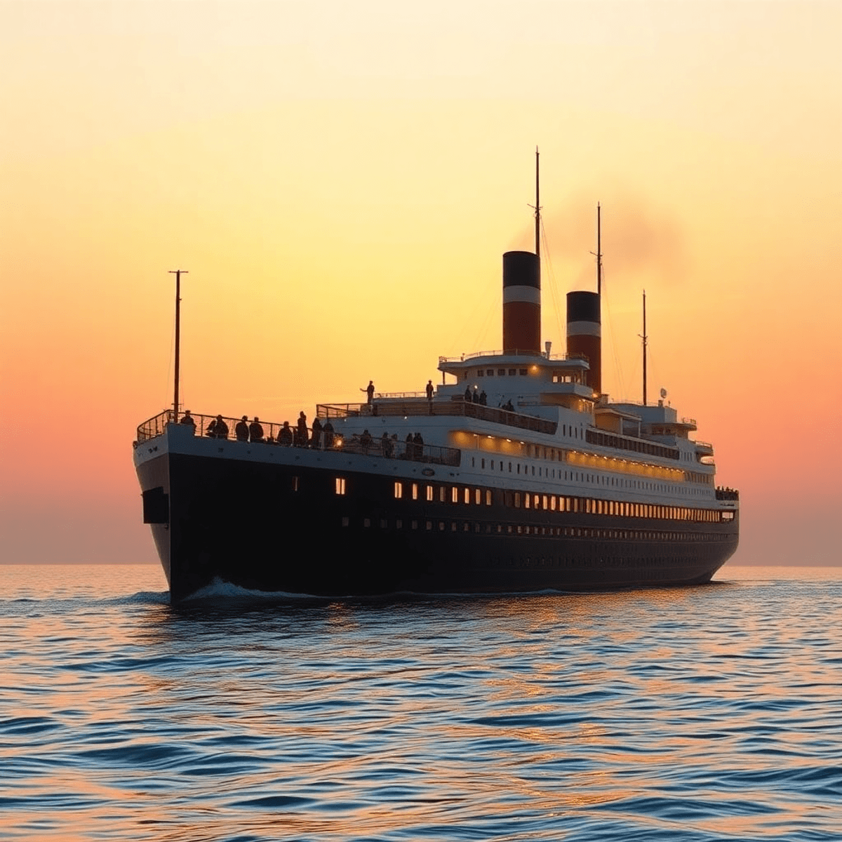 Grand early 20th-century ocean liner sailing at sunset on calm waters, with warm golden light reflecting off decks and smokestacks against a glowin...
