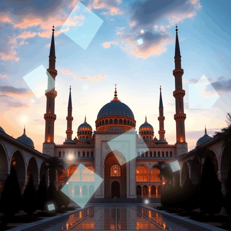 Historic mosque with intricate architecture, glowing abstract shapes symbolizing digital connection, under a peaceful twilight sky.