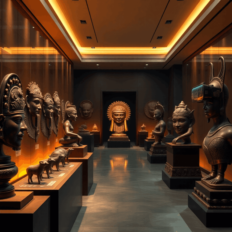 Museum interior showcasing ancient bronze artifacts and futuristic VR equipment under warm lighting, blending history and modern technology with ho...