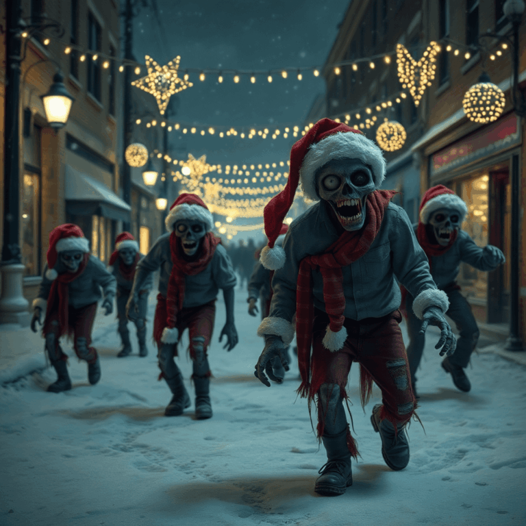 Snowy street at night with playful zombies in tattered Santa hats and festive clothes, surrounded by flickering Christmas lights, blending spooky a...