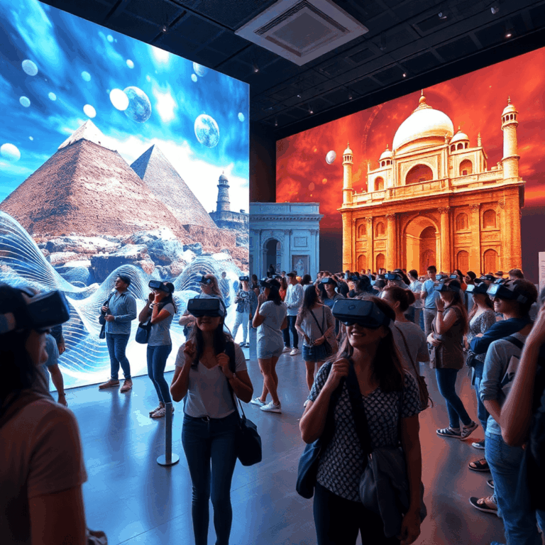 Visitors wearing VR headsets explore a museum gallery with holograms of the Great Pyramid, Colosseum, and Taj Mahal amid dynamic lights and abstrac...