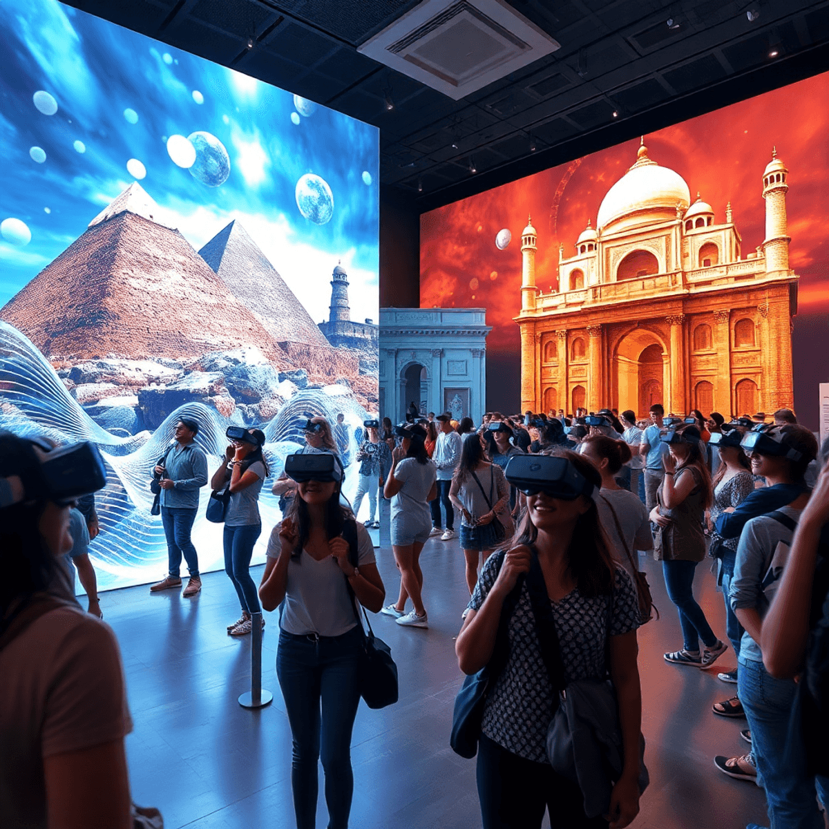 Visitors wearing VR headsets explore a museum gallery with holograms of the Great Pyramid, Colosseum, and Taj Mahal amid dynamic lights and abstrac...