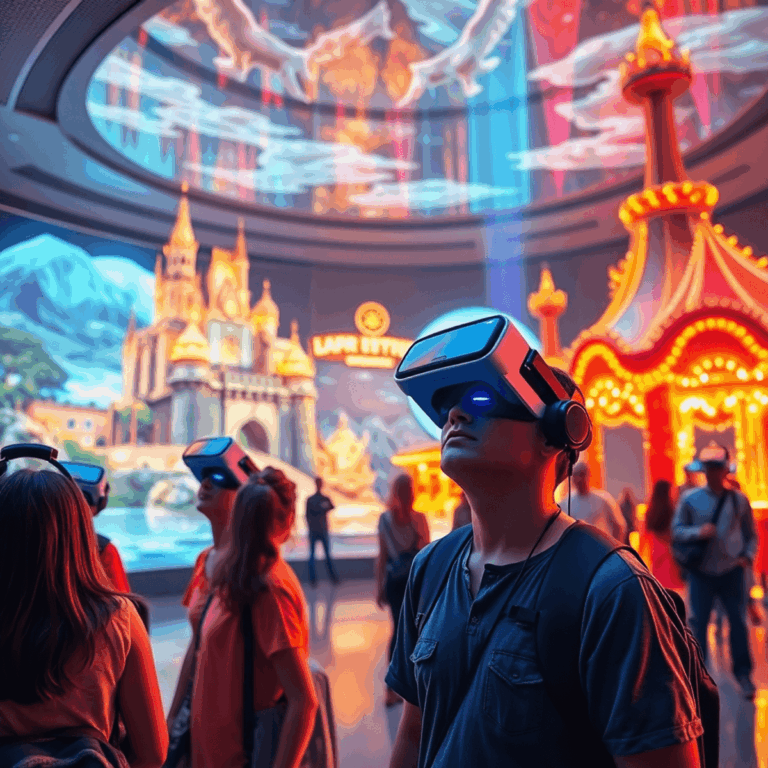 Visitors with VR headsets explore a vibrant futuristic museum filled with glowing holograms of castles, lakes, and carnival scenes under ambient li...