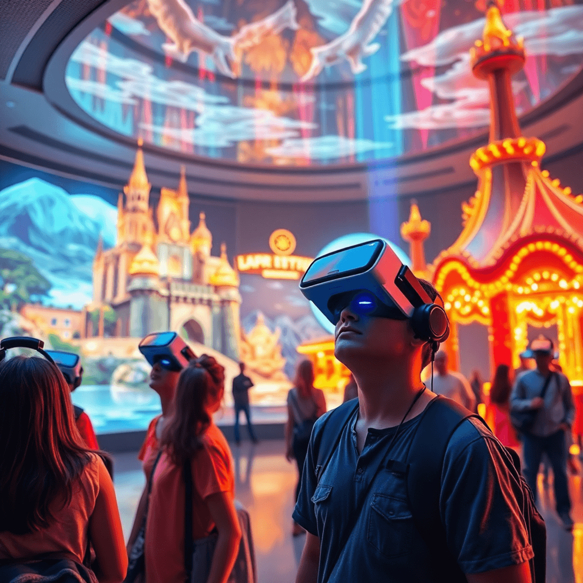 Visitors with VR headsets explore a vibrant futuristic museum filled with glowing holograms of castles, lakes, and carnival scenes under ambient li...