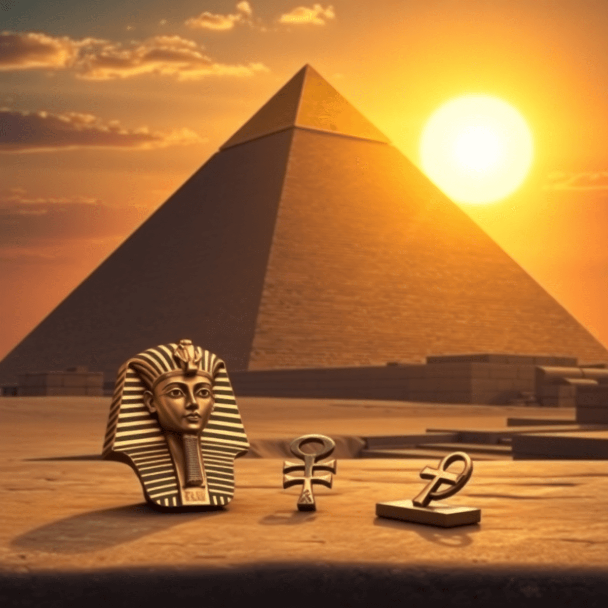 A majestic ancient Egyptian pyramid at sunset with glowing hieroglyphs and traditional artifacts like a pharaoh’s mask and ankh on stone surfaces.