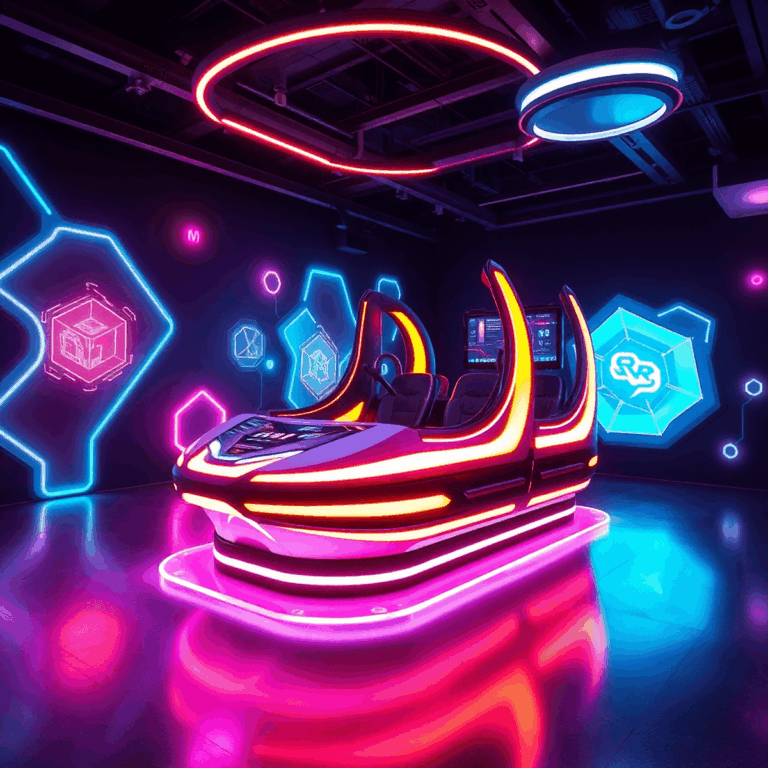 A sleek motion simulator platform in a futuristic dark ride with glowing abstract shapes and vibrant lighting creating an immersive, multisensory a...