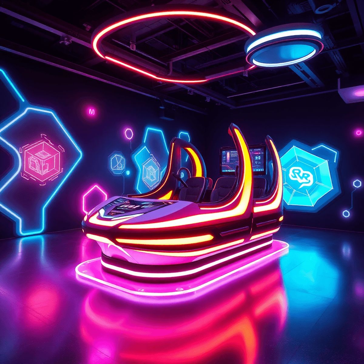 A sleek motion simulator platform in a futuristic dark ride with glowing abstract shapes and vibrant lighting creating an immersive, multisensory a...
