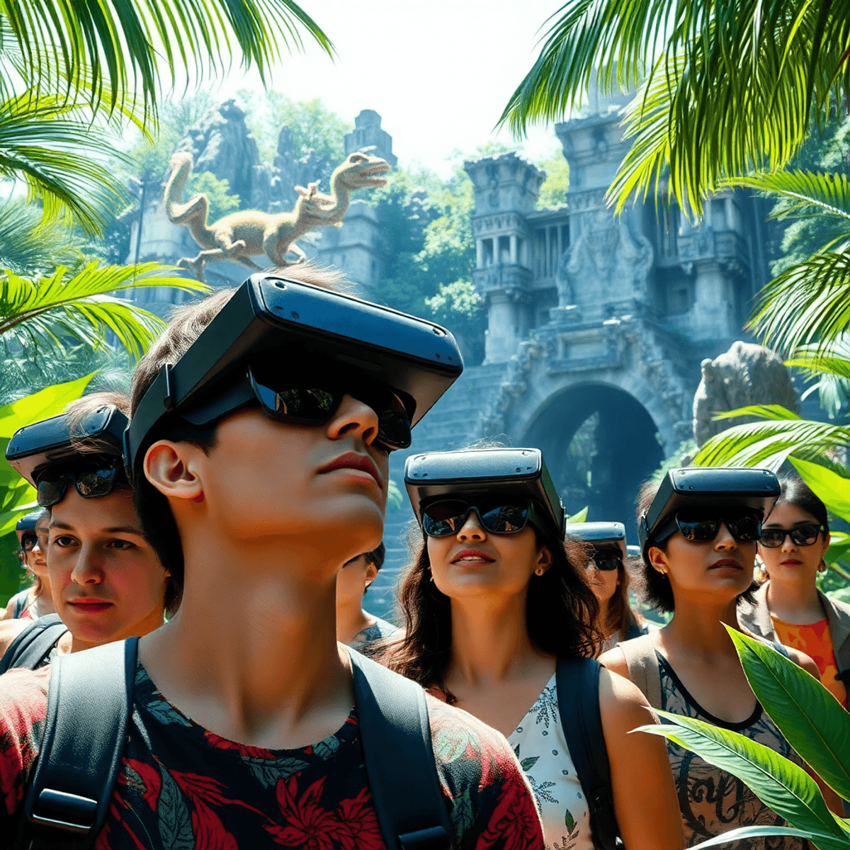 A vibrant theme park with lush jungle, futuristic XR glasses, ancient Mayan rock formations, and prehistoric creatures under bright daylight.