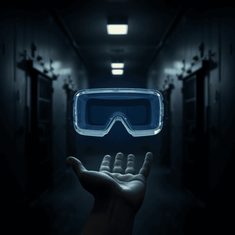 Dimly lit prison corridor with heavy metal doors, a floating translucent VR headset above an open hand, and abstract shapes fading into the backgro...