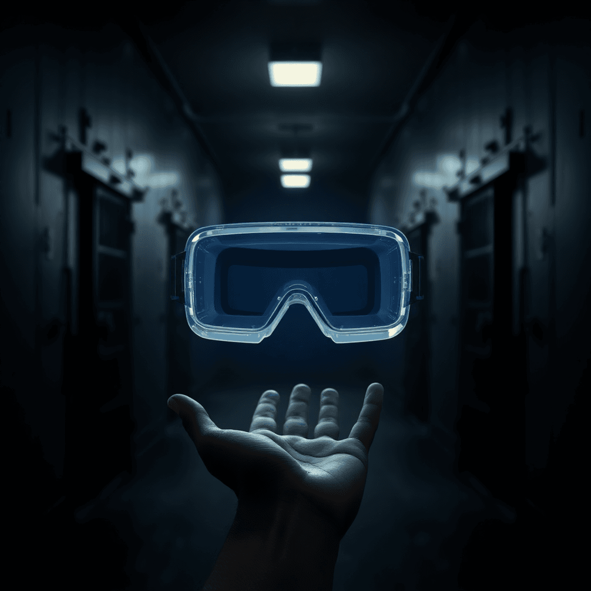 Dimly lit prison corridor with heavy metal doors, a floating translucent VR headset above an open hand, and abstract shapes fading into the backgro...