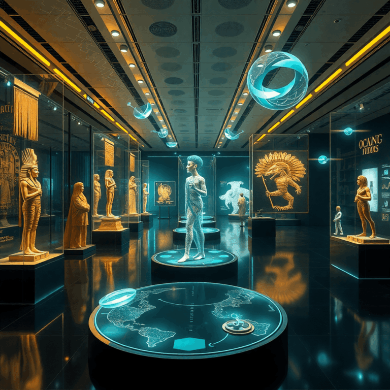 Futuristic museum gallery with glowing holographic displays of ancient artifacts, floating 3D shapes, and ethereal light trails blending technology...