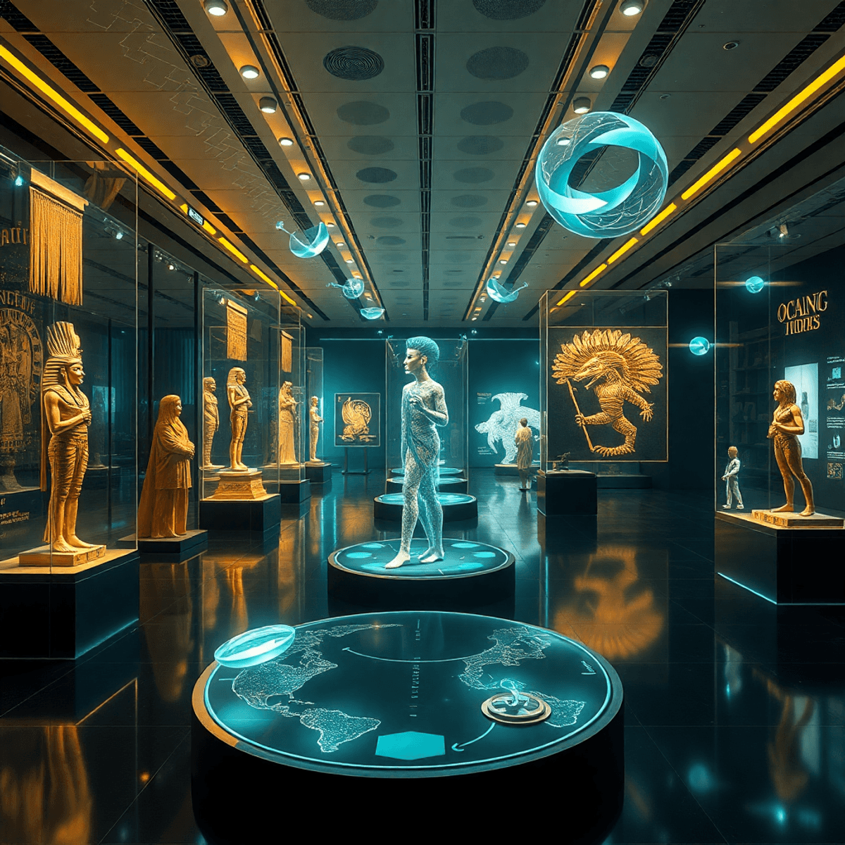 Futuristic museum gallery with glowing holographic displays of ancient artifacts, floating 3D shapes, and ethereal light trails blending technology...