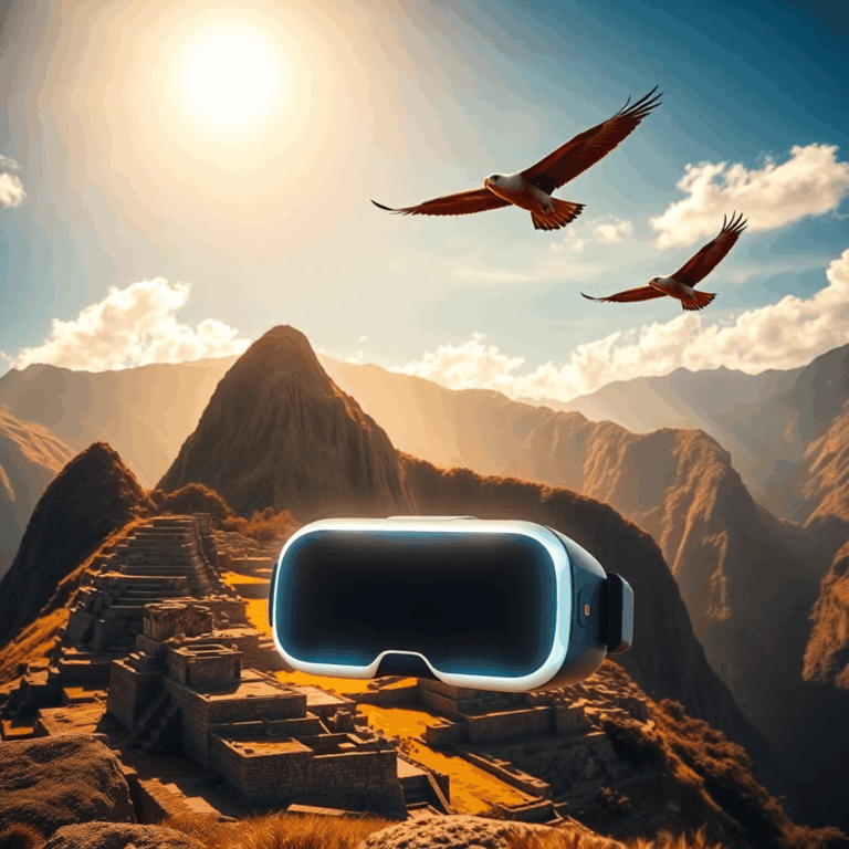 Majestic Andean mountains with Incan terraces and temples, glowing VR headset in foreground, soaring condors above, bathed in warm golden sunlight.