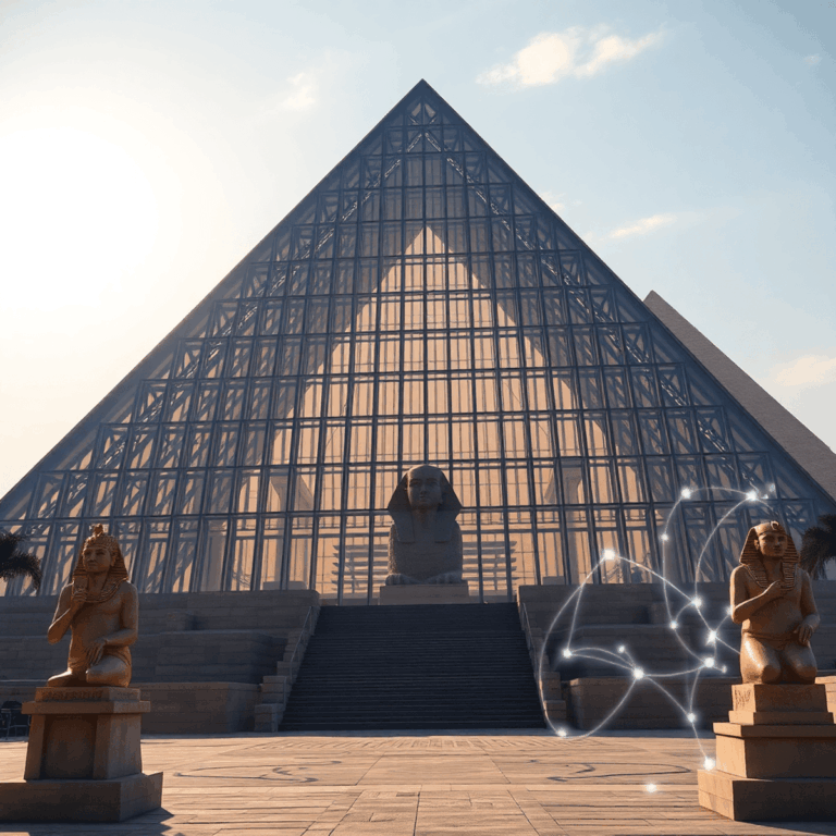 Modern museum with a triangular glass façade near the Giza Pyramids and Sphinx, surrounded by glowing ancient artifacts and holographic VR/AR eleme...