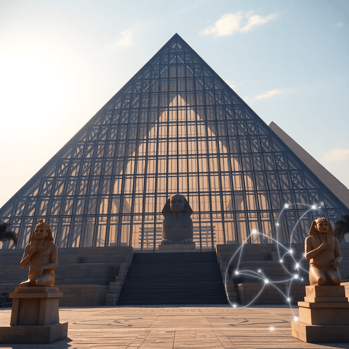 Modern museum with a triangular glass façade near the Giza Pyramids and Sphinx, surrounded by glowing ancient artifacts and holographic VR/AR eleme...