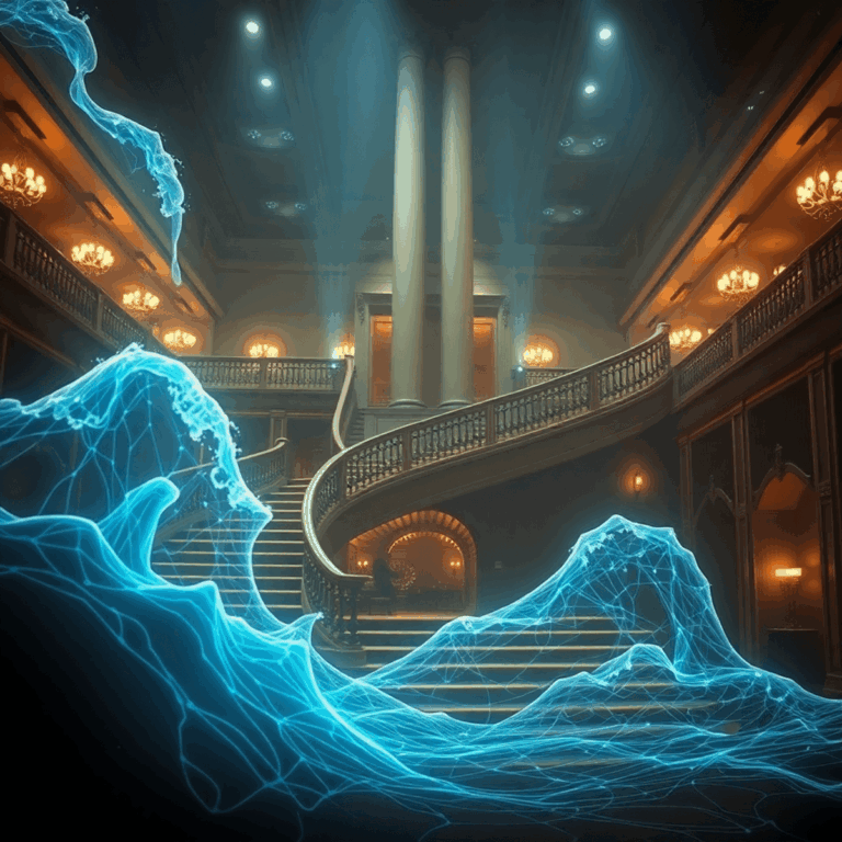 Photorealistic digital rendering of RMS Titanic's grand staircase with soft lighting, holographic waves, and abstract tech elements against a dark,...