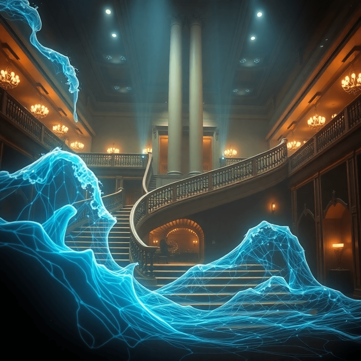 Photorealistic digital rendering of RMS Titanic's grand staircase with soft lighting, holographic waves, and abstract tech elements against a dark,...