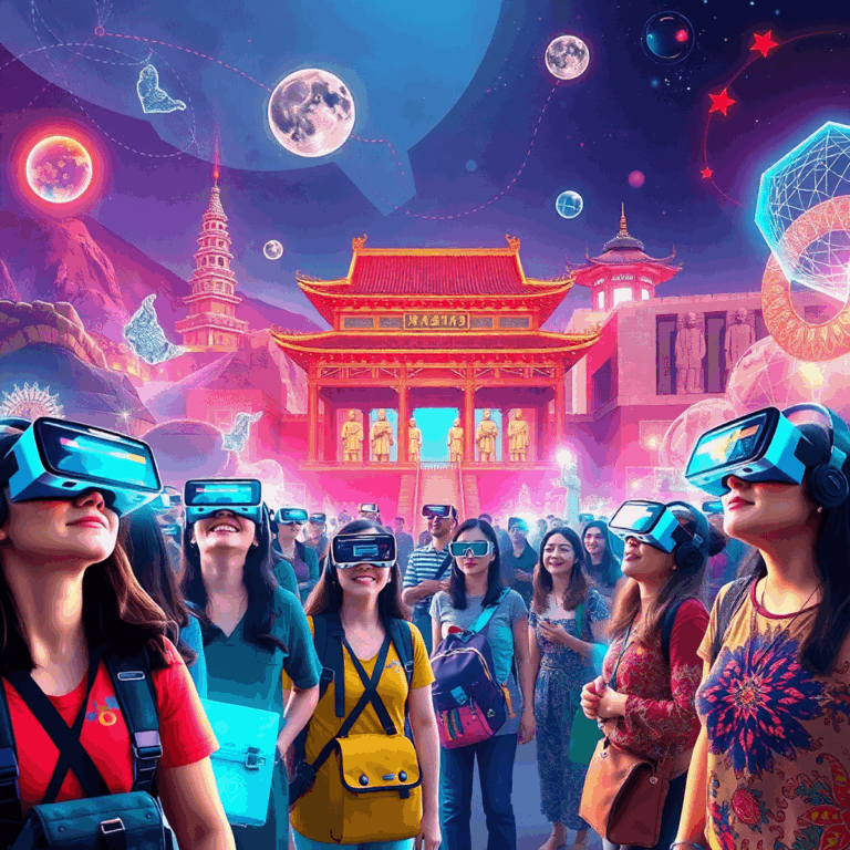 Tourists wearing VR goggles interact with holographic ancient Chinese artifacts amid a blend of traditional landmarks and glowing futuristic techno...