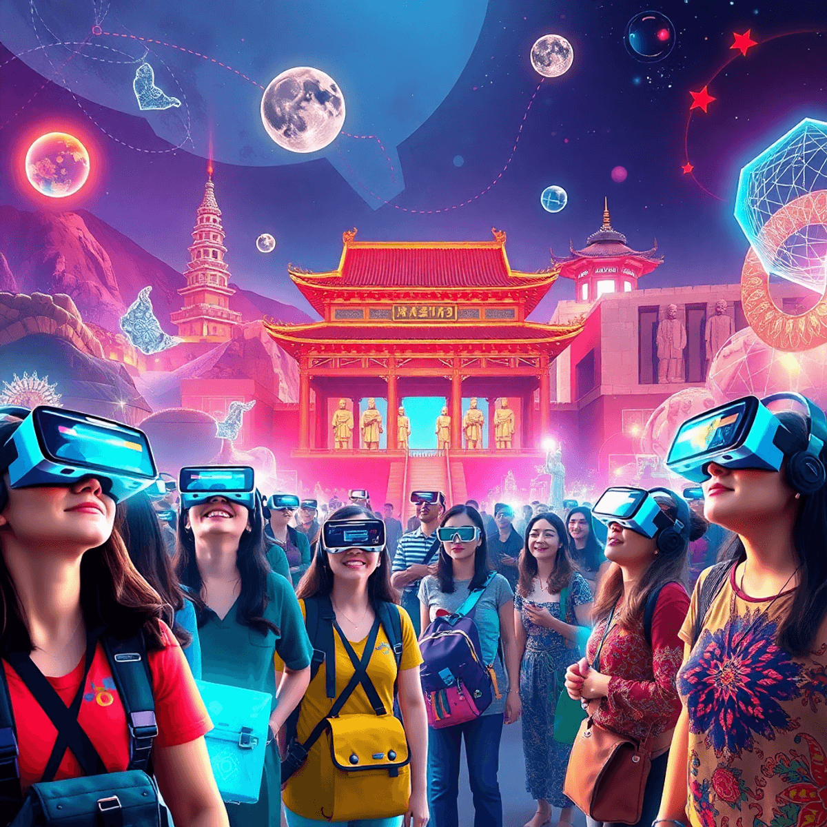 Tourists wearing VR goggles interact with holographic ancient Chinese artifacts amid a blend of traditional landmarks and glowing futuristic techno...