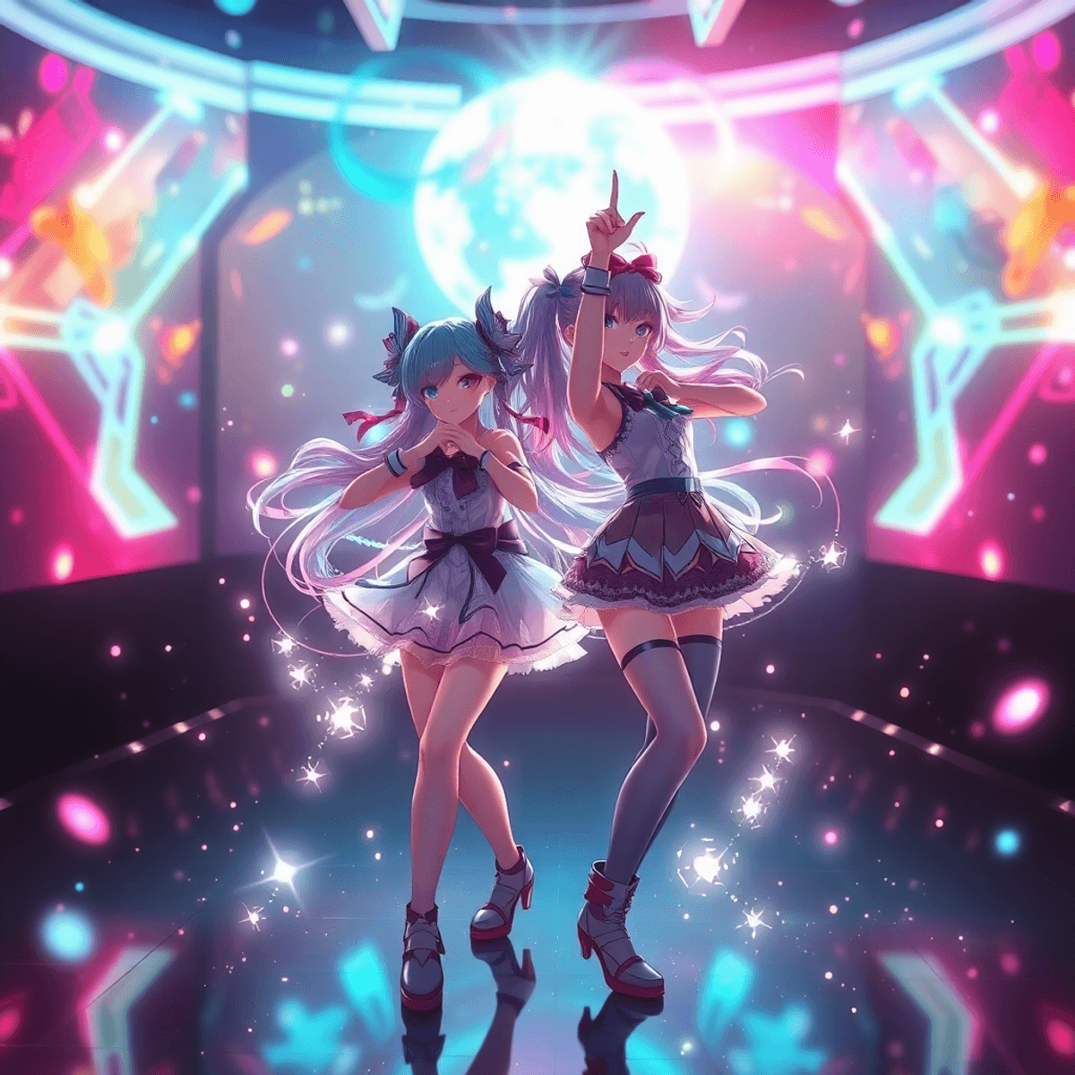 Two anime-style magical girls dancing amid glowing lights and holographic shapes in a vibrant, futuristic virtual reality setting.