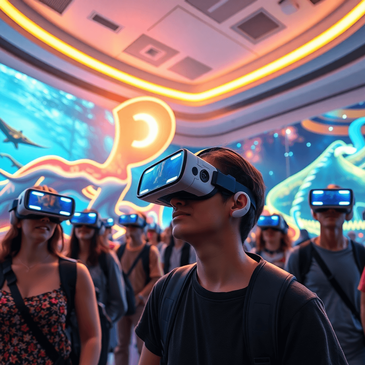 Visitors in a futuristic museum wearing VR headsets, surrounded by glowing abstract shapes and scenes of underwater life and outer space exploration.