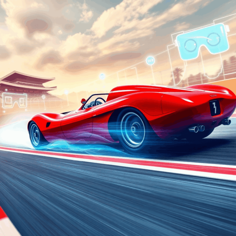 A sleek red Ferrari racing on a vintage 1950s racetrack with glowing holographic grids and floating translucent VR headsets in a futuristic digital...