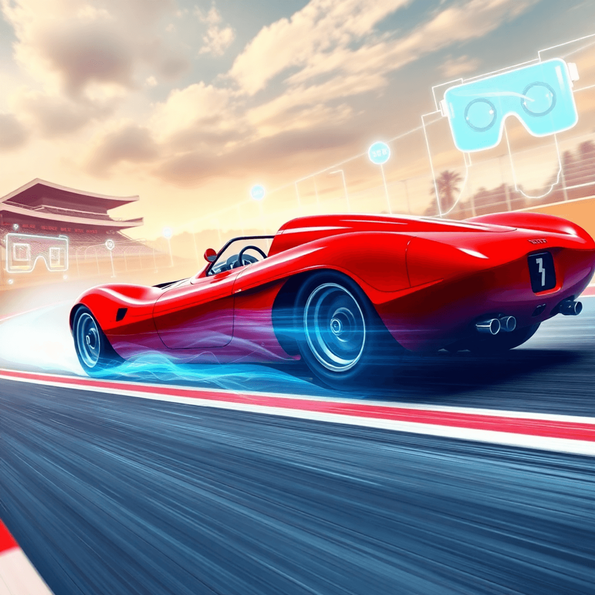 A sleek red Ferrari racing on a vintage 1950s racetrack with glowing holographic grids and floating translucent VR headsets in a futuristic digital...