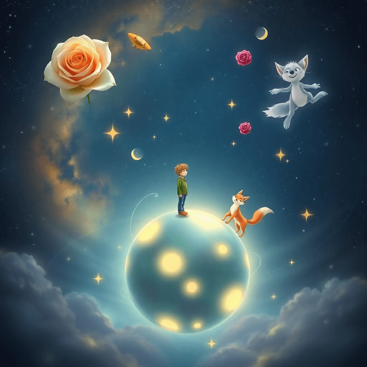 A young boy on a glowing planet with a rose and fox, surrounded by stars and whimsical elements in a soft, cosmic, dreamlike setting.