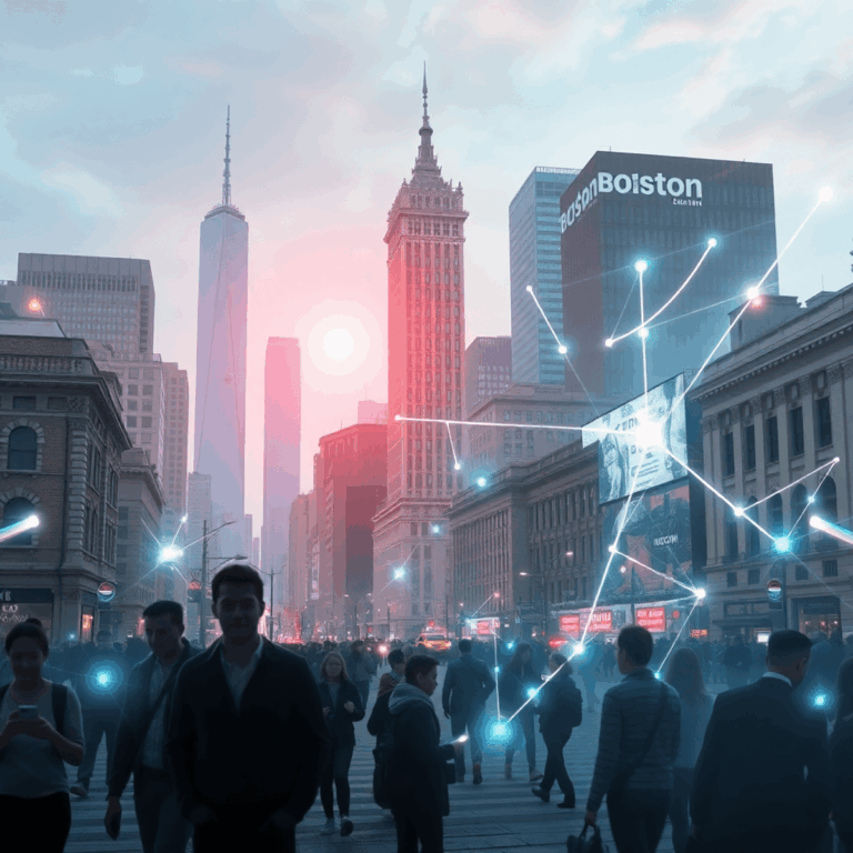 Cityscape merging New York and Boston landmarks with glowing digital overlays, holograms, silhouettes of people using devices, light trails, and fu...