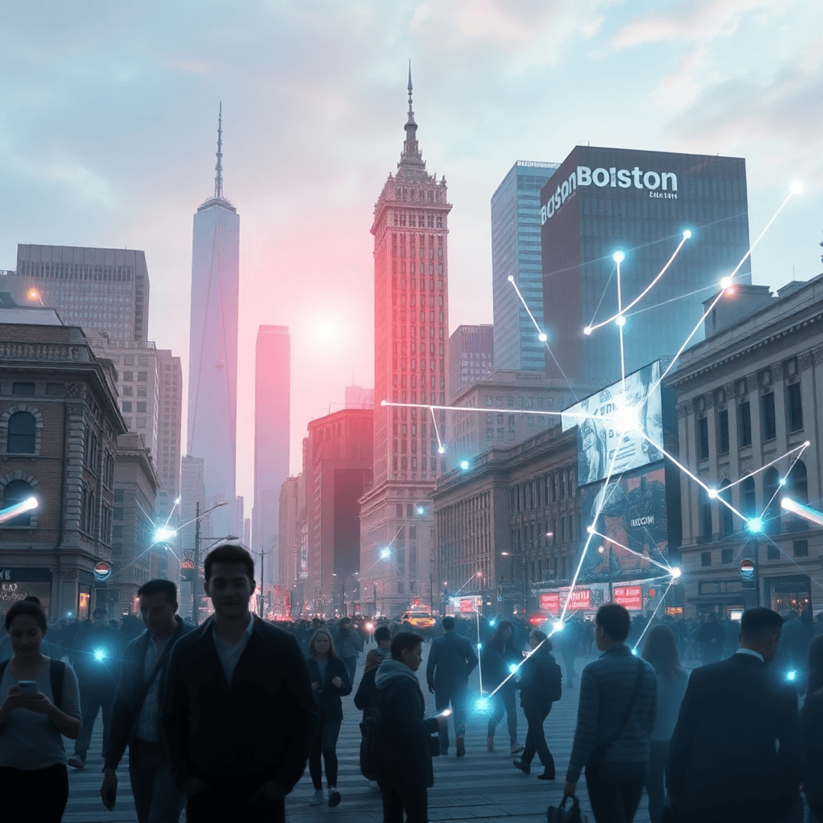 Cityscape merging New York and Boston landmarks with glowing digital overlays, holograms, silhouettes of people using devices, light trails, and fu...