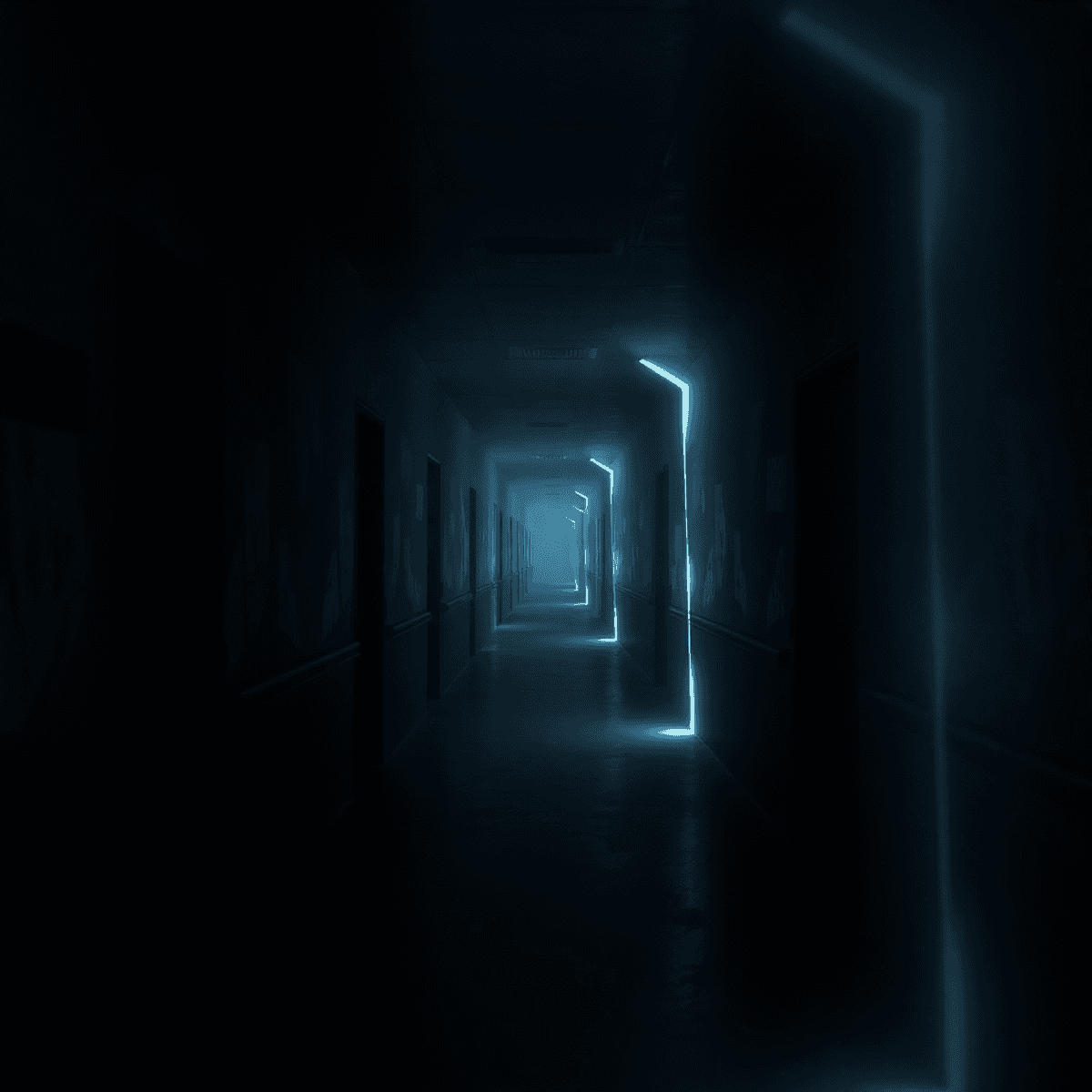 Dark, eerie labyrinth corridor with shadowy shapes, glowing mist, faint holographic lights, and translucent virtual pathways in a haunted hospital ...